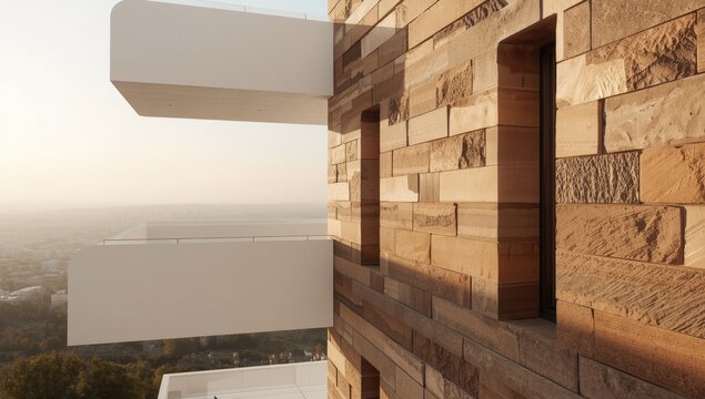 Building facade with windows and white balcony on a laterite wall, ideal for editorial header backgrounds