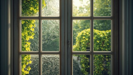 Fototapeta premium Patterned glass featuring botanical greenery behind, suitable for editorial header or UI backdrop