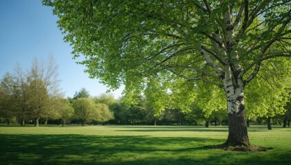 Fototapeta premium Public park tree with lush grass and ample space for layout, highlighting urban nature setting and spring season