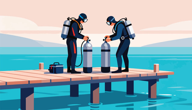 Two divers prepare scuba gear on a wooden pier by the calm sea