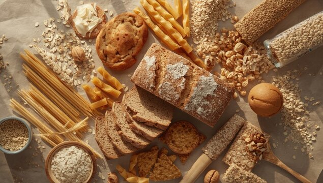 High fiber health food including whole wheat walnut and rye bread, whole grain pasta, oatmeal and seeded crackers, barley oats, bran flakes and wheat sheath, designed for nutritious diets
