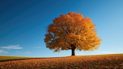 Tree-lined landscape during fall with colorful leaves and clear blue sky, seasonal change