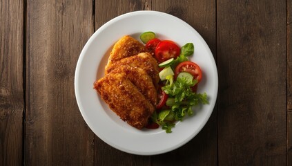 Overhead view of fried turkey cutlets alongside vegetable salad, focusing on meal preparation for nutrition
