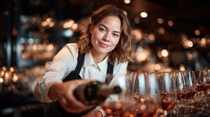 A friendly bartender pours wine in an elegantly illuminated setting, showcasing hospitality and warmth, embodying the inviting atmosphere of a sophisticated venue.