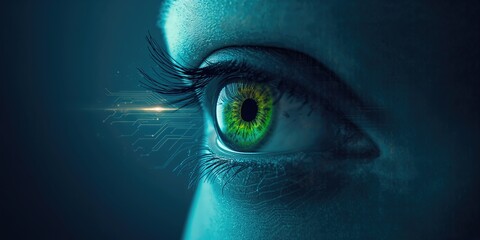 Detailed view of an eye featuring a green circuit board pattern in the iris, highlighting digital innovation, Earth Day