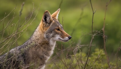 Fototapeta premium Close-up of a coyotes head against a vibrant green backdrop, natural features