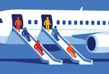 Stylized passengers disembarking an aircraft via evacuation slides