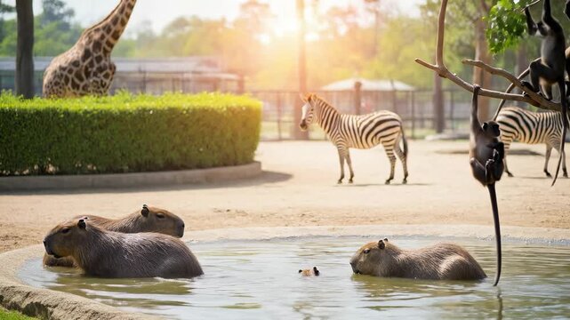 A tranquil zoo scene featuring playful monkeys and capybaras near a pond, with giraffes and zebras in the background during a sunny day.