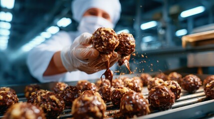 A dedicated chef is actively preparing and handling chocolate treats in a busy bakery, showcasing the art of confectionery and the love for sweet creations meant to be savored.