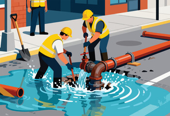 Workers repair a street pipe with water gushing out onto the road