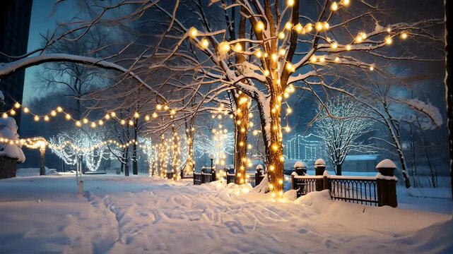 Enchanting winter wonderland with illuminated trees and snowy path