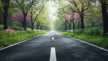 Fototapeta premium Paved pathway through a park in spring, used for editorial header backgrounds