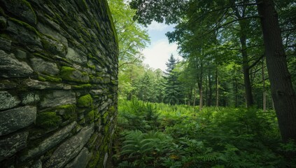Fototapeta premium Green moss and ferns growing on stone walls with rocks and trees, highlighting natural preservation