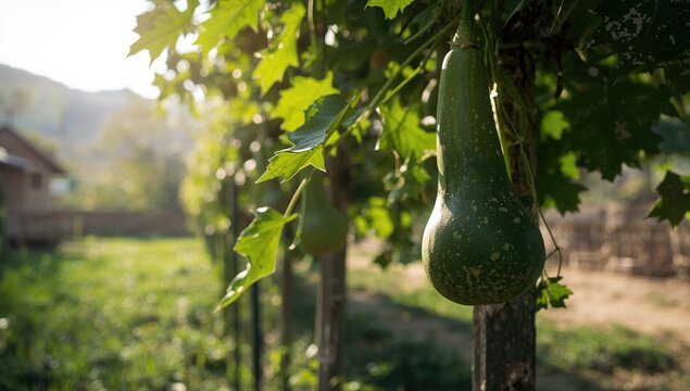 Calabash gourds growing on vines in a green garden setting, emphasizing harvest readiness, summer season