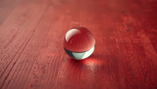 Clear glass orb on a vibrant red table serving as a UI backdrop in a bright setting