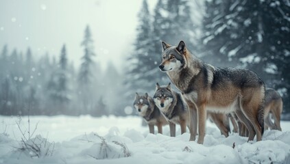 Naklejka premium Wolf pack in winter forest, focused on teamwork amidst snowy terrain
