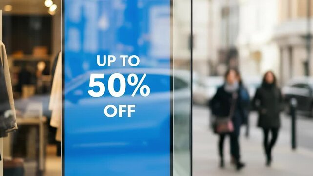 Promotional Sale Sign Displayed in Retail Store Window, Highlighting Up to 50% Off; Urban Setting with People Walking by in the Background