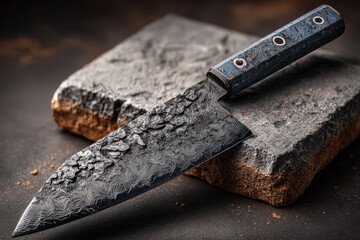 Hand-forged steel chef knife with hammered blade and minimalist handle on dark stone slab
