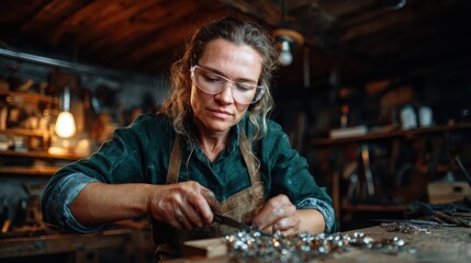 A skilled artisan woman, wearing protective eyewear and working diligently in a rustic workshop, showcasing dedication to her craft amidst tools and materials, exemplifying creativity and focus.