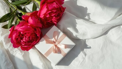 Fototapeta premium Top-down view of red peonies arranged with gift box on white surface, ideal for floral arrangement or holiday presentation