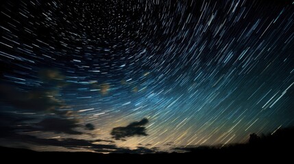 Obraz premium Stars make circular trails in the night sky over a dark landscape. Clouds are visible and the colors shift from deep blue to black as night falls.