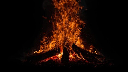 Close-up of intense flames and smoke engulfing burning wood in a dark setting, highlighting fire ignition and control measures