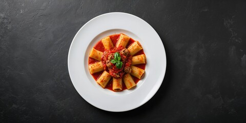 Ground meat-stuffed pasta cannelloni baked in tomato sauce, used as a culinary layout, World Food Day