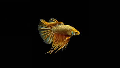 Betta Fighting Fish with vibrant yellow and gold fins, showcasing dynamic movement, isolated on black