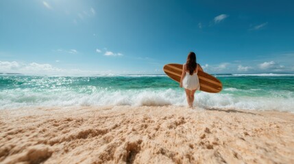 A serene image of a young woman standing on the shore with a surfboard, gazing at the ocean waves, encapsulating the spirit of adventure and tranquility at the beach.