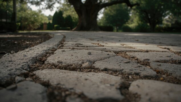Shaded concrete driveway stones misaligned, highlighting repair work and surface adjustment