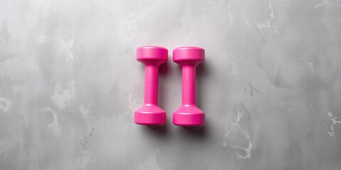 Bright pink plastic dumbbells aligned on a gray textured background, used as UI backdrop or editorial header