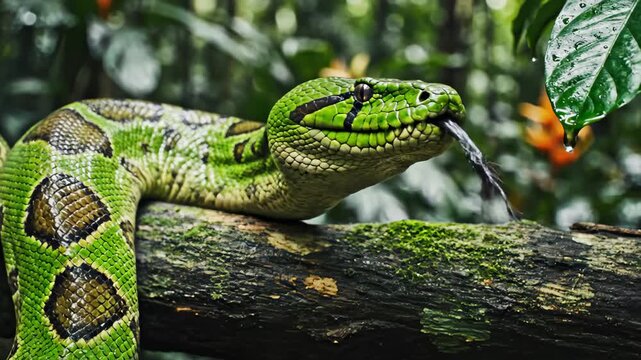 Green Tree Python Slithering and Sticking Out Tongue on Tree Branch