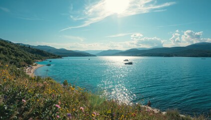 Obraz premium Summer scene at the Balkan regions largest lake, seasonal tourism and water recreation