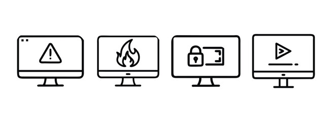Set of four computer monitor icons displaying different warning and status symbols