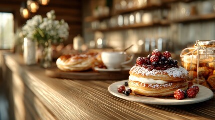 A visually enticing breakfast display featuring fluffy pancakes topped with fresh berries, syrup, and cream, set in a rustic café environment inviting indulgence.