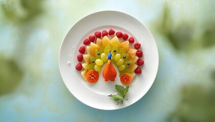Colorful fruit platter arranged as a peacock using pear, grapes, and raspberries, ideal for children's events