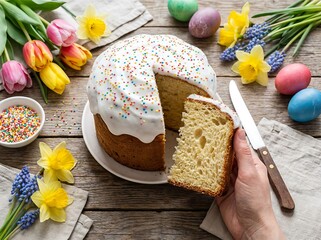 Delicious Easter Cake with Colorful Sprinkles and Spring Flowers.