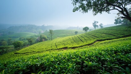 Fototapeta premium Vibrant tea garden filled with green foliage providing a peaceful setting for outdoor leisure, Earth Day