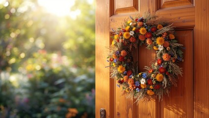 Dried summer floral wreath with vibrant colors designed for door embellishment