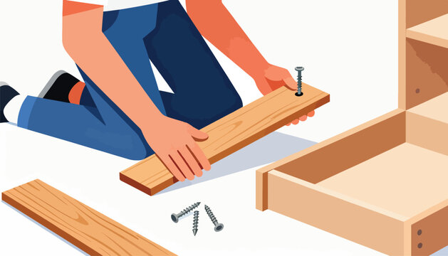 Person assembling flat-pack furniture, screwing wooden planks together