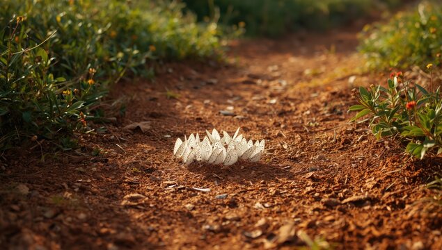 Ground covered with white butterflies, illustrating local insect behavior during warmer months