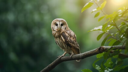 Obraz premium Tengmalm's owl, a male boreal owl, resting on a branch in a zoo habitat, highlighting species preservation