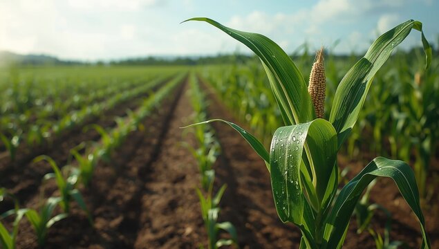 Healthy corn growing in irrigated fields, highlighting irrigation practices for sustainable agriculture