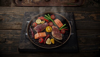 Top-down view of grilled steak, red fish, salmon, and vegetables, used for culinary layout planning