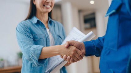 A woman smiles as she shakes hands with a person in workwear, holding blueprints, in a bright interior. Collaborative agreement