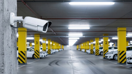 Smart Parking Surveillance: White security camera mounted on concrete pillar monitoring rows of cars in modern parking garage