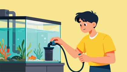 A young person uses a hose to clean a fish tank with a small goldfish