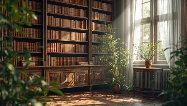 Soft-focus library scene with wooden shelving, antique books, and lively green plants, suited for reading and relaxation