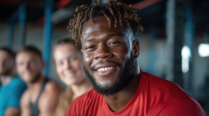 A fit person smiling in a gym surrounded by fellow athletes, conveying a sense of camaraderie, motivation, and positivity in a vibrant fitness atmosphere.