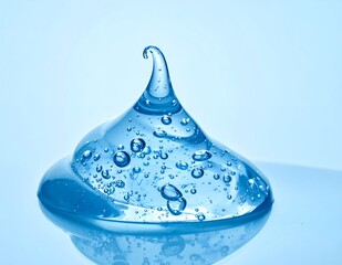 Close-up of a clear blue gel drop with air bubbles, reflecting light on a light blue background, showcasing its texture and transparency.